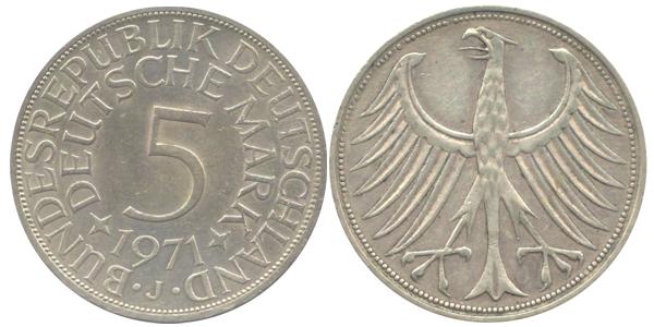 BRD 5 DM J387 Kursmünze Silber 1971 J zirkuliert Heiermann Vorderseite und Rückseite zusammen Bundesrepublik Deutschland