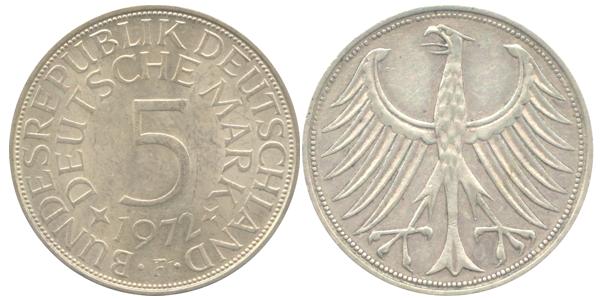 BRD 5 DM J387 Kursmünze Silber 1972 F zirkuliert Heiermann Vorderseite und Rückseite zusammen Bundesrepublik Deutschland