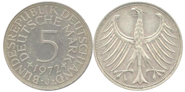 BRD 5 DM J387 Kursmünze Silber 1972 J zirkuliert Heiermann Vorderseite und Rückseite zusammen Bundesrepublik Deutschland
