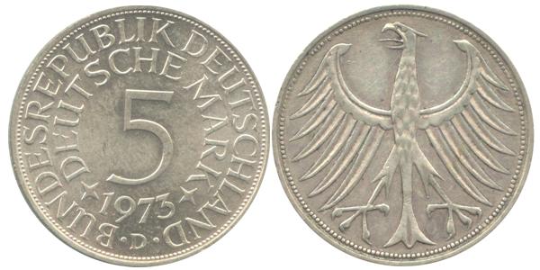 BRD 5 DM J387 Kursmünze Silber 1973 D vorzüglich stempelglan prägefrisch Heiermann Vorderseite und Rückseite zusammen Bundesrepublik Deutschland