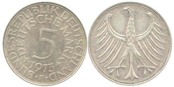 BRD 5 DM J387 Kursmünze Silber 1973 F vorzüglich stempelglan prägefrisch Heiermann Vorderseite und Rückseite zusammen Bundesrepublik Deutschland