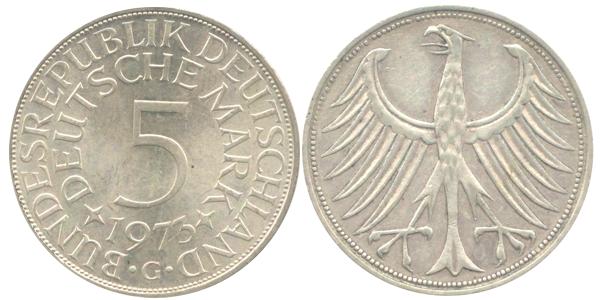 BRD 5 DM J387 Kursmünze Silber 1973 G vorzüglich stempelglan prägefrisch Heiermann Vorderseite und Rückseite zusammen Bundesrepublik Deutschland