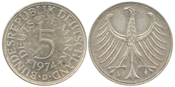 BRD 5 DM J387 Kursmünze Silber 1974 D vorzüglich stempelglan prägefrisch Heiermann Vorderseite und Rückseite zusammen Bundesrepublik Deutschland