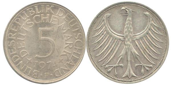 BRD 5 DM J387 Kursmünze Silber 1974 F vorzüglich stempelglan prägefrisch Heiermann Vorderseite und Rückseite zusammen Bundesrepublik Deutschland