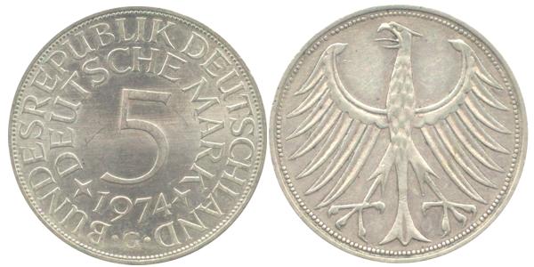 BRD 5 DM J387 Kursmünze Silber 1974 G vorzüglich stempelglan prägefrisch Heiermann Vorderseite und Rückseite zusammen Bundesrepublik Deutschland