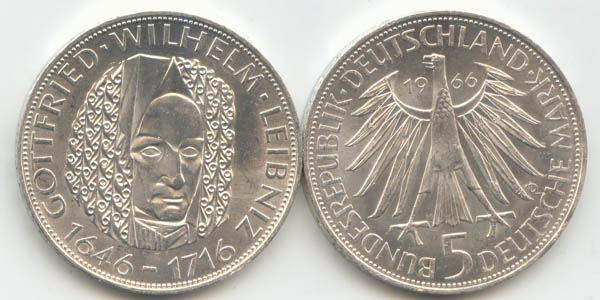 BRD 5 DM Gedenkmünze Silber Leibniz 1966 D vz