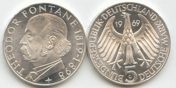 BRD 5 DM Gedenkmünze Silber Fontane 1969 G vz Vorderseite und Rückseite zusammen