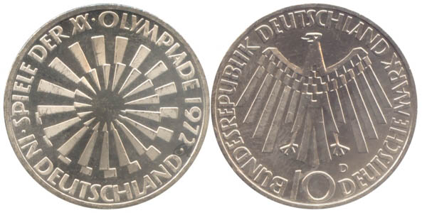 BRD 10 DM Gedenkmünze Silber Olympia Spirale Deutschland 1972 D vz-st Vorderseite und Rückseite zusammen