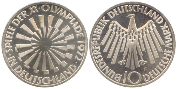 BRD 10 DM Gedenkmünze Silber Olympia Spirale Deutschland 1972 F vz-st Vorderseite und Rückseite zusammen