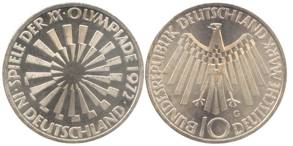 BRD 10 DM Gedenkmünze Silber Olympia Spirale Deutschland 1972 G vz-st Vorderseite und Rückseite zusammen