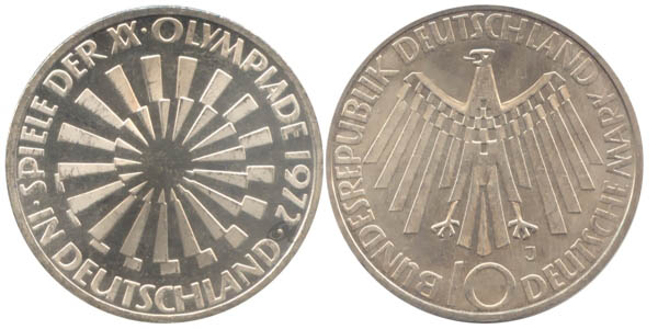 BRD 10 DM Gedenkmünze Silber Olympia Spirale Deutschland 1972 J vz-st Vorderseite und Rückseite zusammen