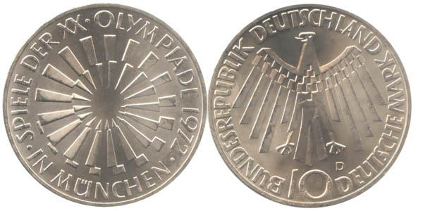 BRD 10 DM Gedenkmünze Silber Olympia Spirale München 1972 D vz-st Vorderseite und Rückseite zusammen