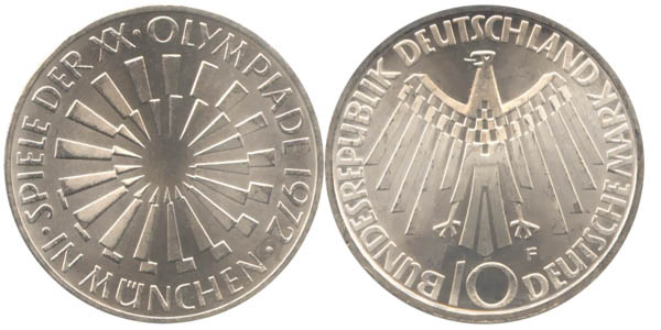 BRD 10 DM Gedenkmünze Silber Olympia Spirale München 1972 F vz-st Vorderseite und Rückseite zusammen