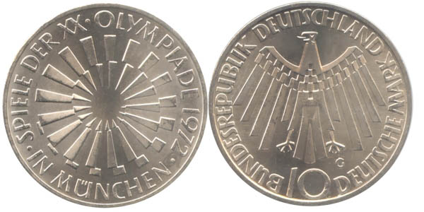 BRD 10 DM Gedenkmünze Silber Olympia Spirale München 1972 G vz-st Vorderseite und Rückseite zusammen