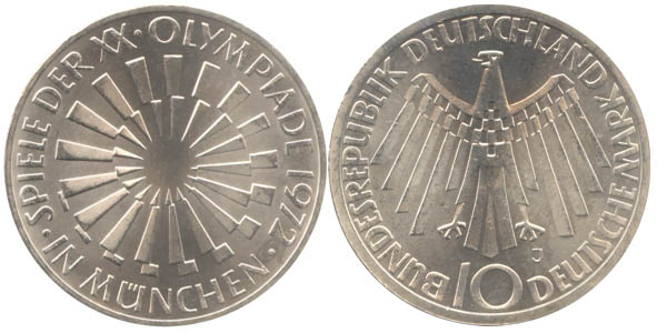 BRD 10 DM Gedenkmünze Silber Olympia Spirale München 1972 J vz-st Vorderseite und Rückseite zusammen