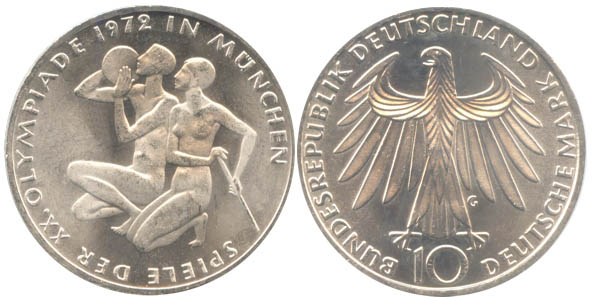 BRD 10 DM Gedenkmünze Silber Olympia Sportlerpaar 1972 G vz-st Vorderseite und Rückseite zusammen