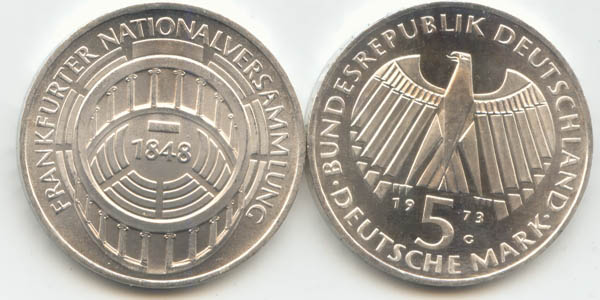BRD 5 DM Gedenkmünze Silber Nationalversammlung 1973 G st/prägefrisch Vorderseite und Rückseite zusammen