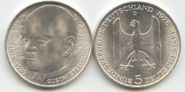 BRD 5 DM Gedenkmünze Silber Gustav Stresemann 1978 D st/prägefrisch Vorderseite und Rückseite zusammen