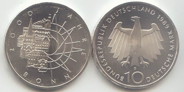 BRD 10 DM Gedenkmünze Silber 2000 Jahre Bonn 1989 D st/prägefrisch Vorderseite und Rückseite zusammen