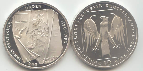BRD 10 DM Gedenkmünze Silber Deutscher Orden 1990 J st/prägefrisch Vorderseite und Rückseite zusammen