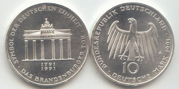 BRD 10 DM Gedenkmünze Silber Brandenburger Tor 1991 A st/prägefrisch Vorderseite und Rückseite zusammen