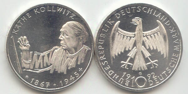 BRD 10 DM Gedenkmünze Silber Käthe Kollwitz 1992 G st/prägefrisch Vorderseite und Rückseite zusammen
