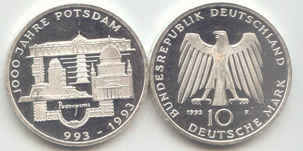 BRD 10 DM Gedenkmünze Silber 1000 Jahre Potsdam 1993 A st/prägefrisch Vorderseite und Rückseite zusammen