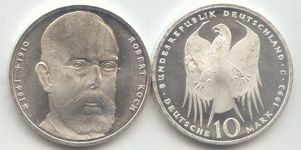 sBRD 10 DM Gedenkmünze Silber Robert Koch 1993 J st/prägefrisch Vorderseite und Rückseite zusammen