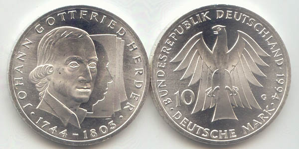 BRD 10 DM Gedenkmünze Silber Johann Gottfried Herder 1994 G st/prägefrisch Vorderseite und Rückseite zusammen