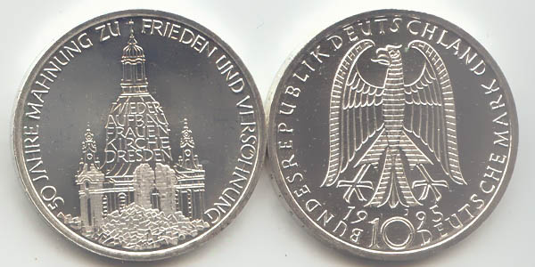 BRD 10 DM Gedenkmünze Silber Frauenkirche Dresden 1995 J st/prägefrisch Vorderseite und Rückseite zusammen