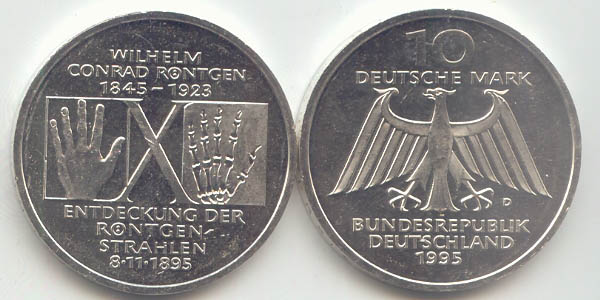 BRD 10 DM Gedenkmünze Silber Röntgen 1995 D st/prägefrisch Vorderseite und Rückseite zusammen
