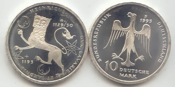 BRD 10 DM Gedenkmünze Silber Heinrich der Löwe 1995 F st/prägefrisch Vorderseite und Rückseite zusammen