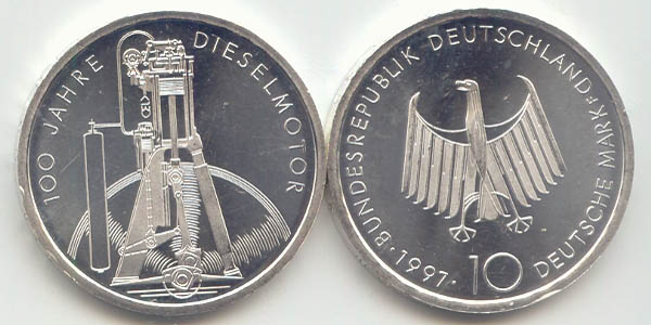 BRD 10 DM Gedenkmünze Silber Diesel 1997 F st/prägefrisch Vorderseite und Rückseite zusammen
