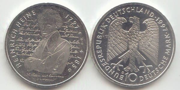 BRD 10 DM Gedenkmünze Silber Heinrich Heine 1997 D st/prägefrisch Vorderseite und Rückseite zusammen