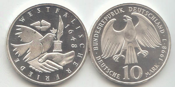 BRD 10 DM Gedenkmünze Silber Westfälischer Frieden 1998 J st/prägefrisch Vorderseite und Rückseite zusammen