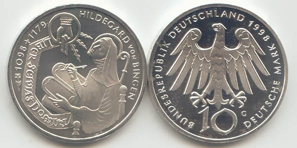 BRD 10 DM Gedenkmünze Silber Hildegard von Bingen 1998 G st/prägefrisch Vorderseite und Rückseite zusammen