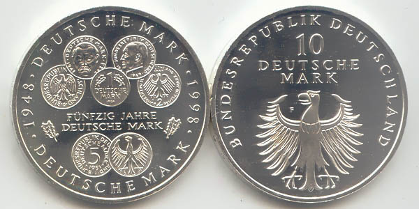 BRD 10 DM Gedenkmünze Silber 50 Jahre Deutsche Mark 1998 F st/prägefrisch Vorderseite und Rückseite zusammen
