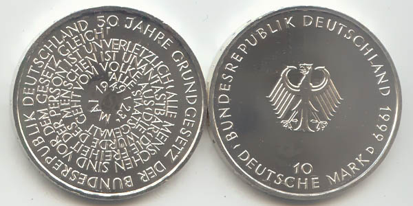 BRD 10 DM Gedenkmünze Silber 50 Jahre Grundgesetz 1999 D vz-st Vorderseite und Rückseite zusammen