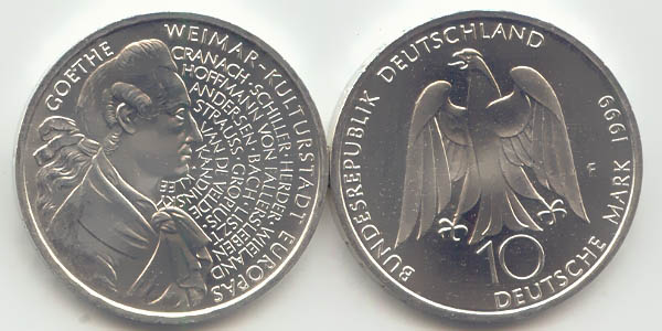 BRD 10 DM Gedenkmünze Silber Weimar/Goethe 1999 F st/prägefrisch Vorderseite und Rückseite zusammen