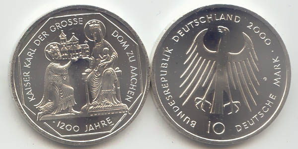 BRD 10 DM Gedenkmünze Silber Aachener Dom 2000 G st/prägefrisch Vorderseite und Rückseite zusammen