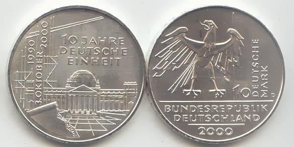 BRD 10 DM Gedenkmünze Silber 10 Jahre Deutsche Einheit 2000 D st/prägefrisch Vorderseite und Rückseite zusammen