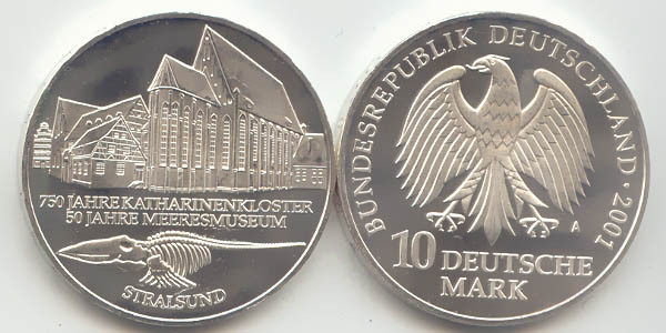 BRD 10 DM Gedenkmünze Silber Stralsund 2001 A st/prägefrisch Vorderseite und Rückseite zusammen