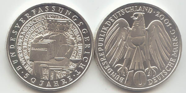 BRD 10 DM Gedenkmünze Silber Bundesverfassungsgericht 2001 G st/prägefrisch Vorderseite und Rückseite zusammen