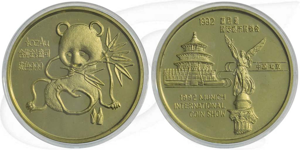 China 1992 München-Panda Gold 15,55g (1/2oz) OVP mit COA und Kassette Münze Vorderseite und Rückseite zusammen