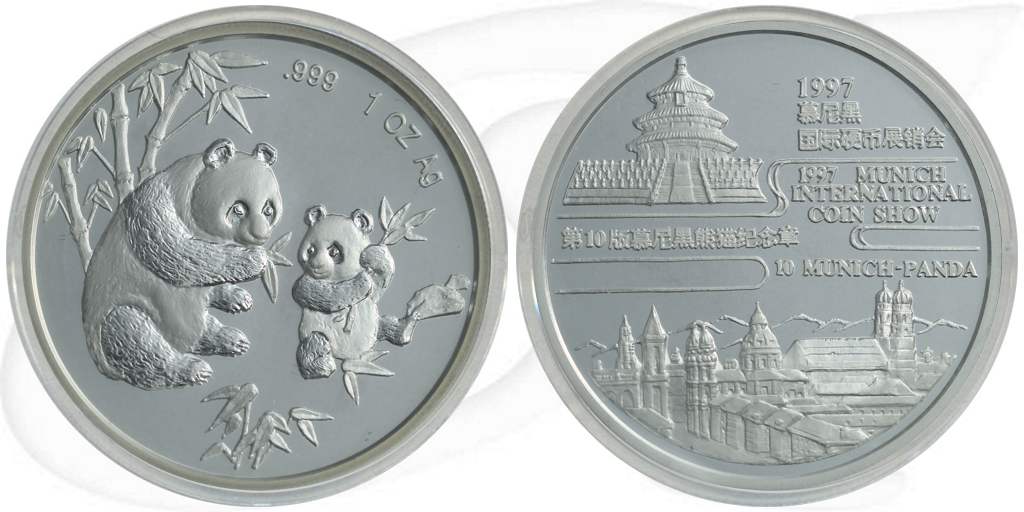 China 1997 München-Panda Silber 31,10g (1oz) OVP Münze Vorderseite und Rückseite zusammen