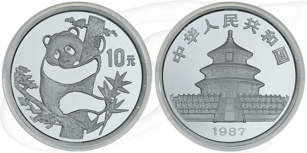 China Panda 1987 Silber Münze Vorderseite und Rückseite zusammen