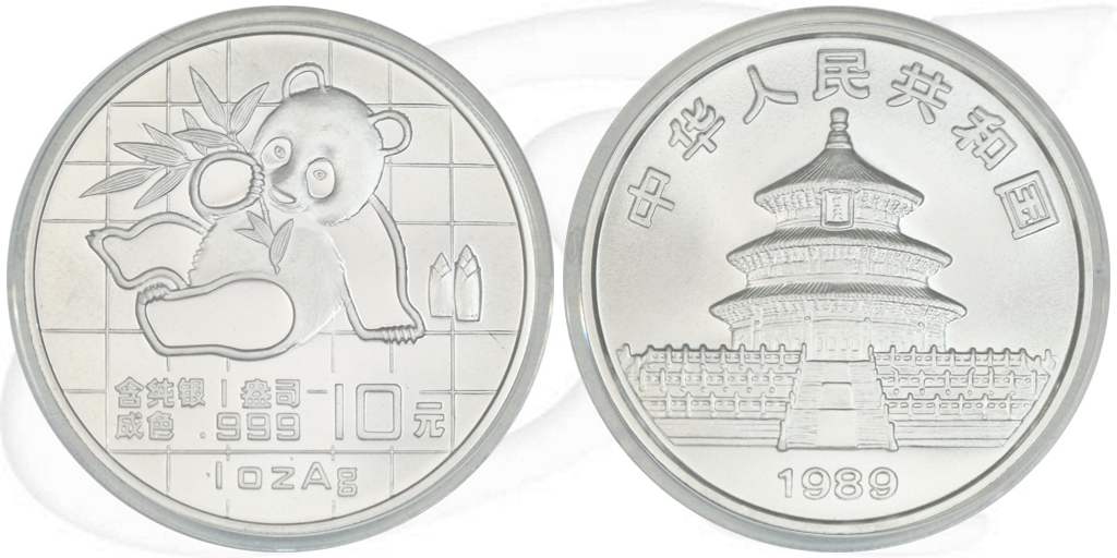 China Panda 1989 st 10 Yuan 31,10g (1oz) Silber fein Münze Vorderseite und Rückseite zusammen