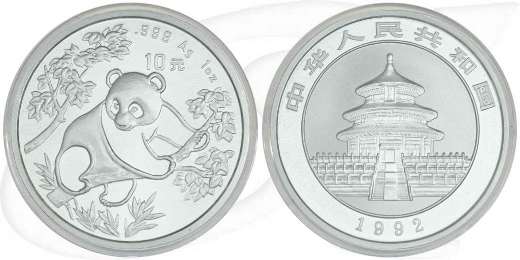 China Panda 1992 BU 10 Yuan 31,10g (1oz) Silber fein Variante 1 Münze Vorderseite und Rückseite zusammen