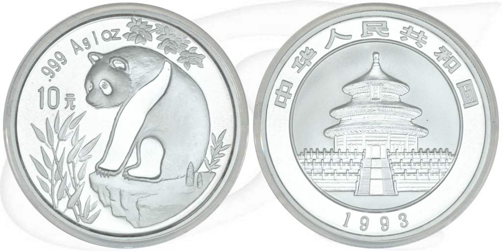 China Panda 1993 BU 10 Yuan 31,10g (1oz) Silber fein Variante 1 Münze Vorderseite und Rückseite zusammen