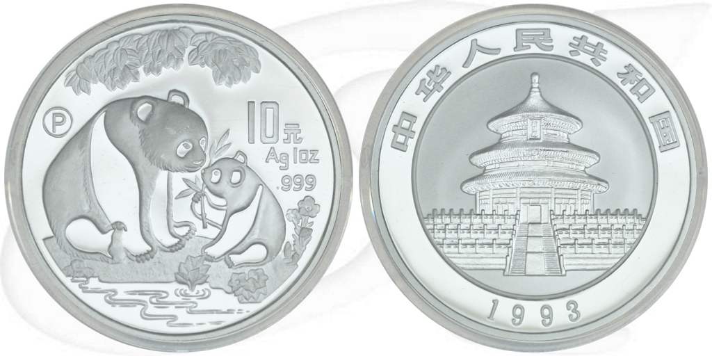 China Panda 1993 PP 10 Yuan 31,10g (1oz) Silber fein Münze Vorderseite und Rückseite zusammen
